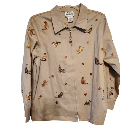 Quacker Factory Large Embroidered Cat Jacket, Khaki/Tan, Zip Front Embellished - Picture 1 of 6